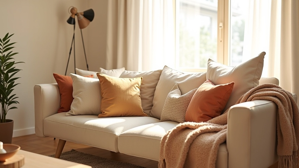 Modern living room with layered textiles and cushions