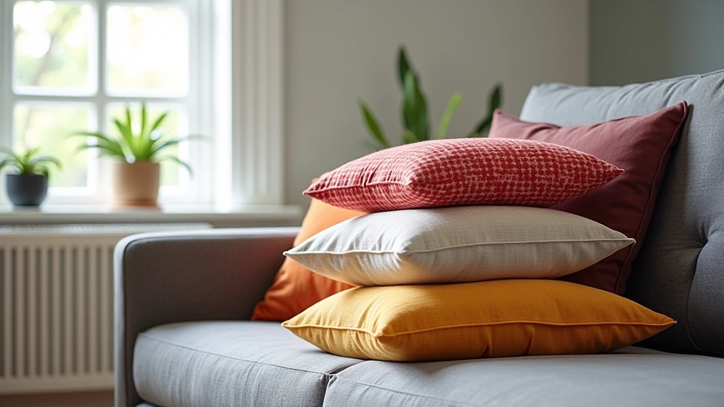 Colorful throw pillows and cushions arranged on a modern sofa in a living room