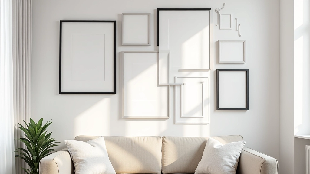 Close-up of various framed artworks including black and white photographs, colored prints, and minimalist line drawings arranged together