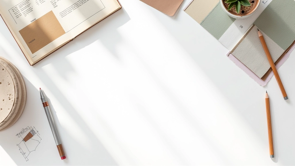 Flat lay showing design materials including ruler, pencil, frame samples, color swatches, and sketch paper for planning a gallery wall layout