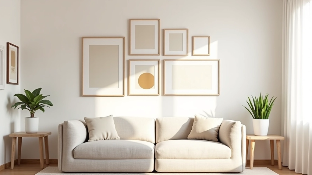 Full gallery wall view showing balanced arrangement of various sized frames with mixed artwork creating visual equilibrium across the wall space