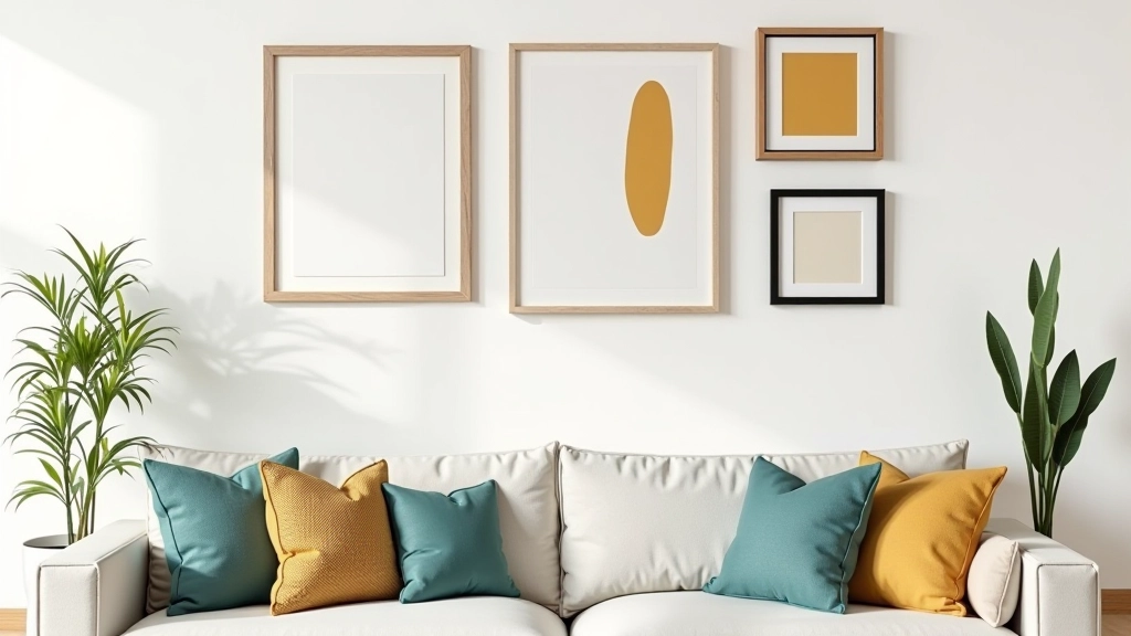Gallery wall arrangement with mixed frame styles and artwork featuring accent colors in teal and mustard tones
