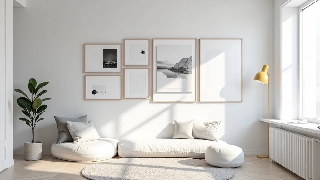 Gallery wall with framed artwork and photographs hung at varying heights on a light wall