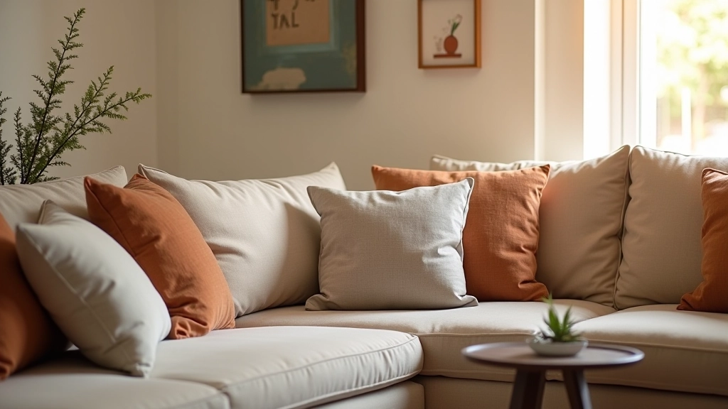 Properly arranged cushions on a modern sectional sofa showing balanced placement and sizing