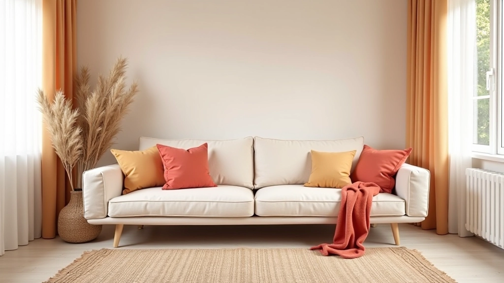 Interior room corner showing area rug in warm neutral tones anchoring seating area with colorful accent pieces
