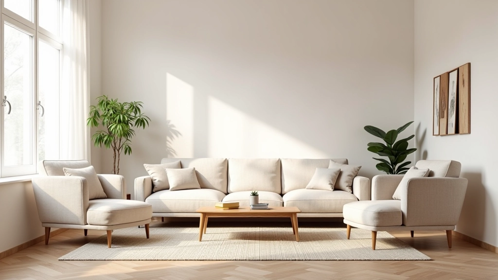 Living room with properly sized area rug anchoring furniture arrangement, natural light from windows, balanced spacing