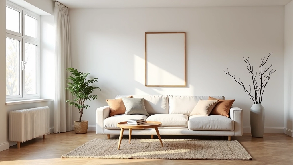Modern living room with light walls, comfortable seating, and layered textile elements creating a warm inviting space