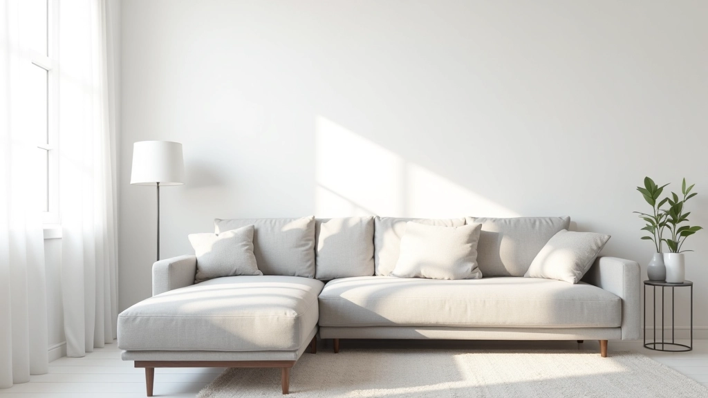 Neutral living room with soft gray sofa and white walls, morning natural light streaming through window