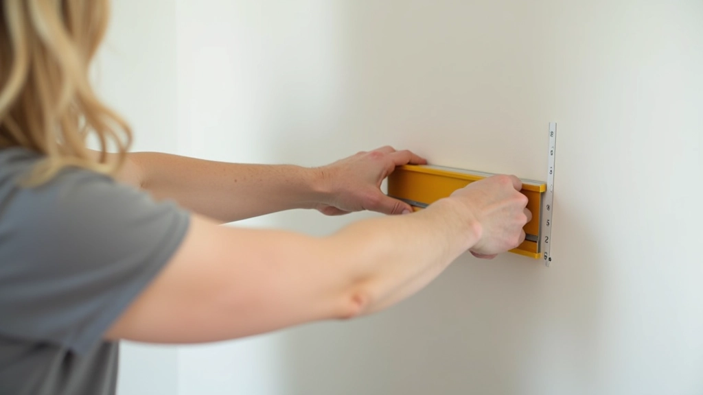 Hands using a level tool to measure and mark wall positions before hanging framed artwork, showing proper installation technique