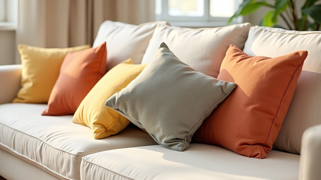 Close-up of carefully layered throw pillows in coordinated colors on a linen sofa