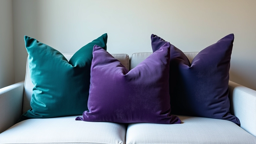Close-up of richly colored throw pillows in jewel tones arranged on neutral furniture
